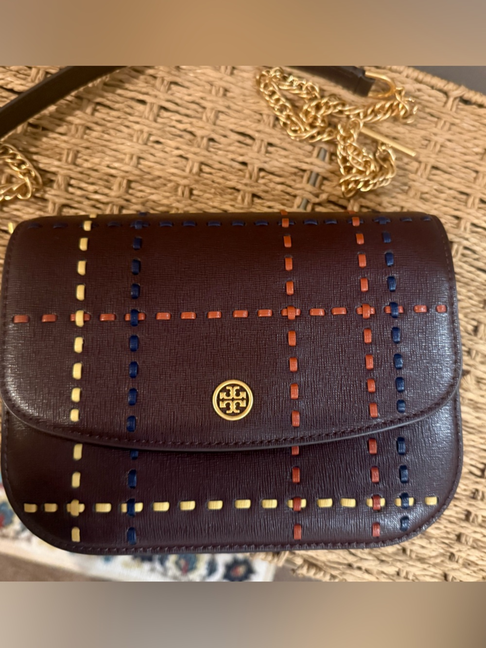 Tory Burch Brown Woven Leather Robinson Shoulder Bag